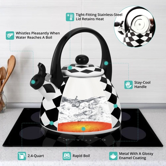 COPY - Whistling Tea Kettle for Stove Top Black Diamond Checher Decor Enamel on… - Picture 6 of 10